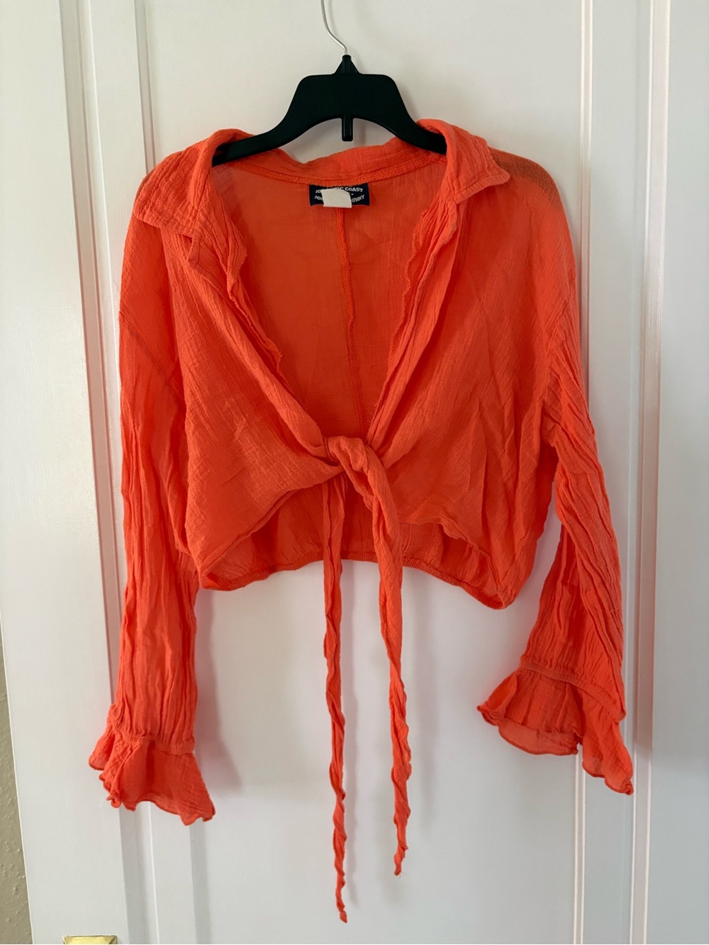 Cropped Tie-Front Button Down Top in Bright Orange